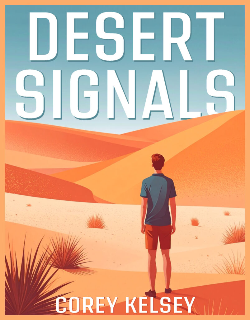 Desert Signals book cover. Large text title with boy looking out at sandy desert hills with his back to us. Corey Kelsey text shown at bottom.